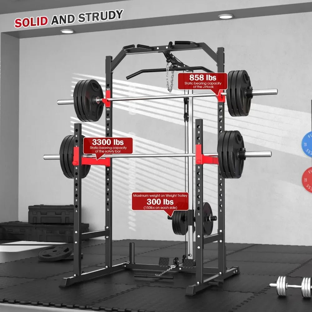 Multi-Function Power Rack – Home Gym Cage with Pulley System, Bench Press, Squat & LAT Pull-Down